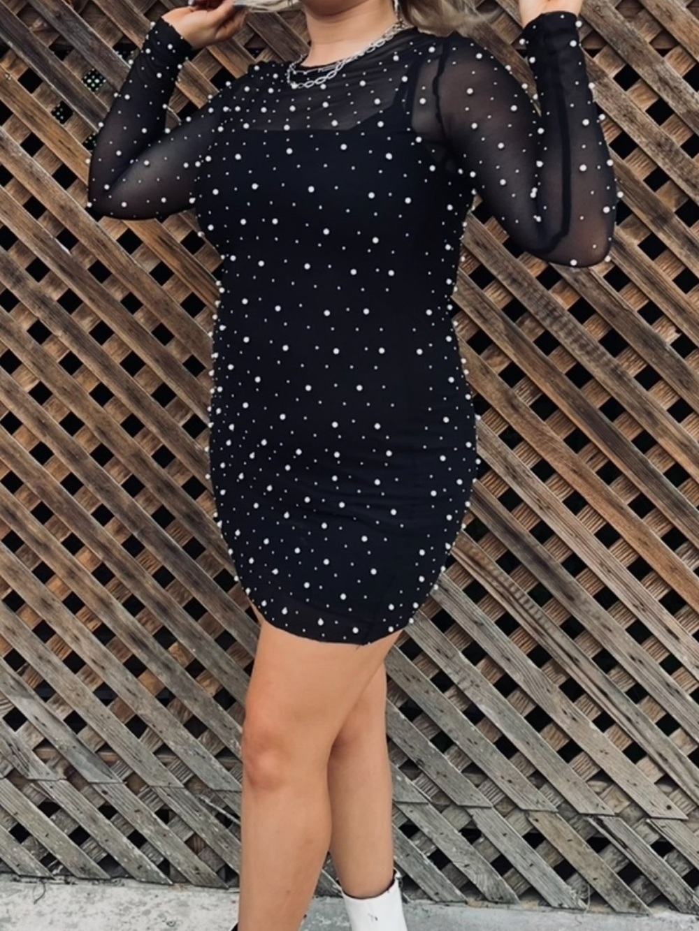 Black Sheer Sleeve Rhinestone Mini Dress